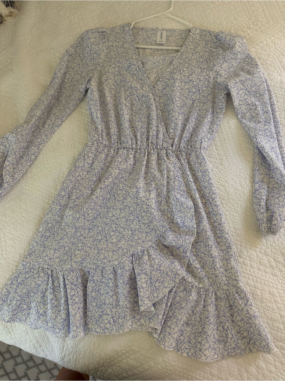 Floral Wrap-Front Long Sleeve Dress in Light Blue